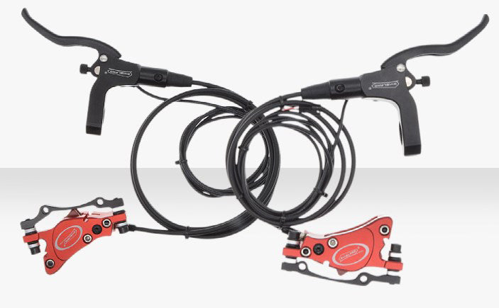 Hydraulic disc brake set for Lankeleisi electric bike, showing brake calipers, hoses, and disc rotors for smooth stopping power.